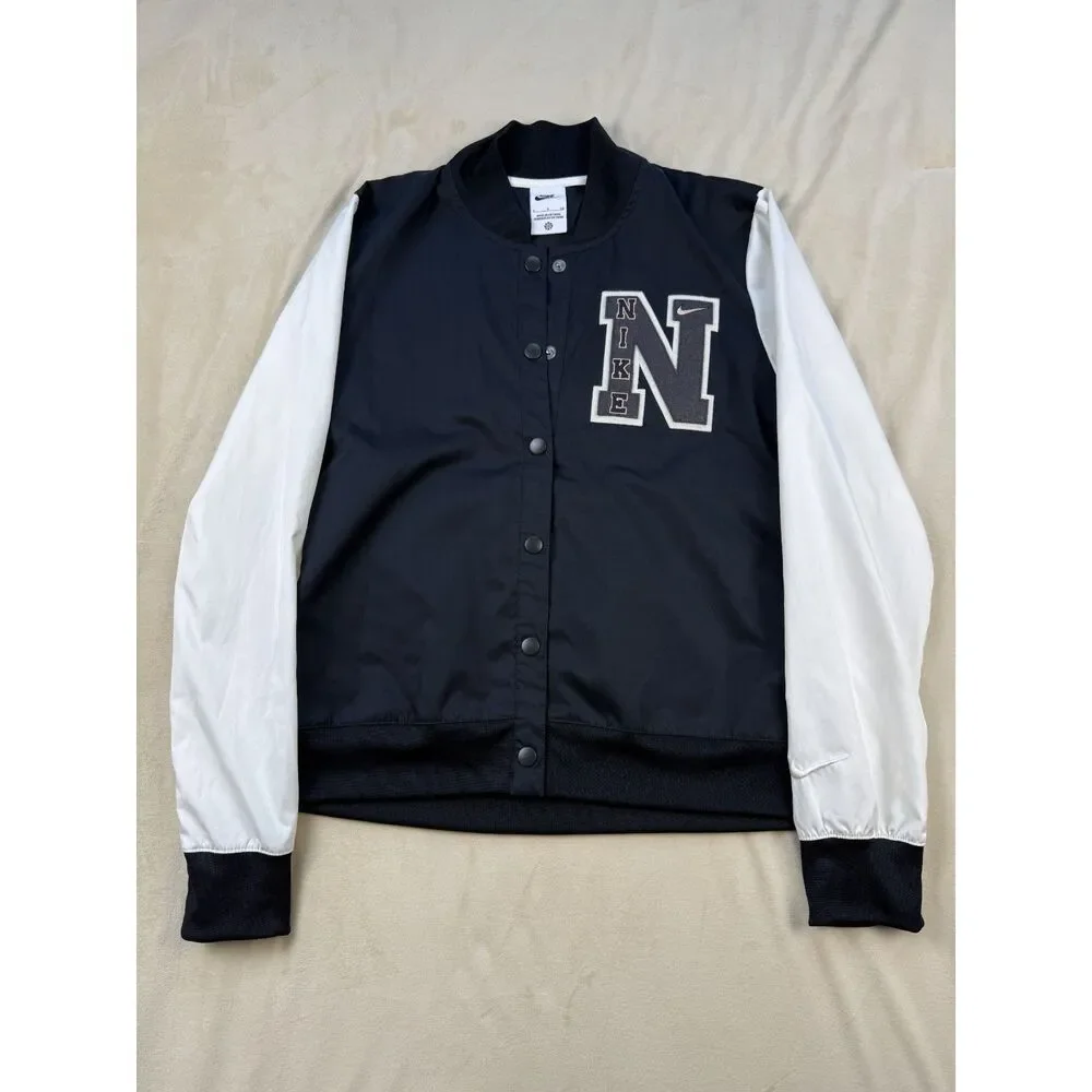 Nike Women’s Varsity Bomber Jacket Size S Black White Chenille N Patch